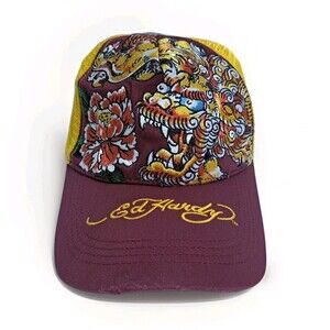 Vintage ED HARDY by Christian Audigier Yellow Red Dragon Graphic Mesh Snapback